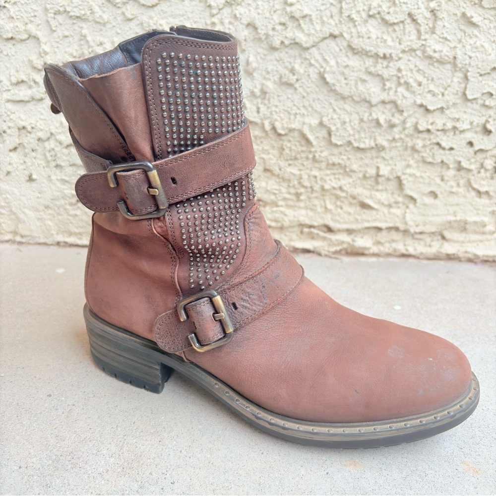 Paul Green Women's Size US 8 UK 5.5 Studded Buckled Brown Leather Moto Boots - Picture 1 of 10